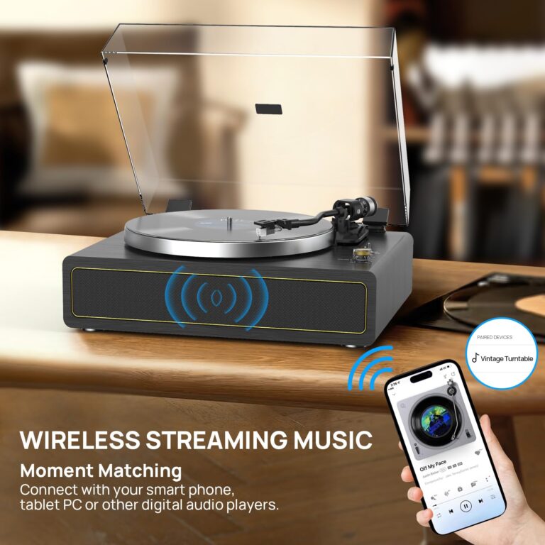 Turntable Record Player with Built-in Speakers, Vinyl Record Player Support Bluetooth Playback Auto Stop 33&45 RPM Speed RCA Line Out AUX in All-in-one Belt-Drive Turntable for Vinyl Records Black - Image 6