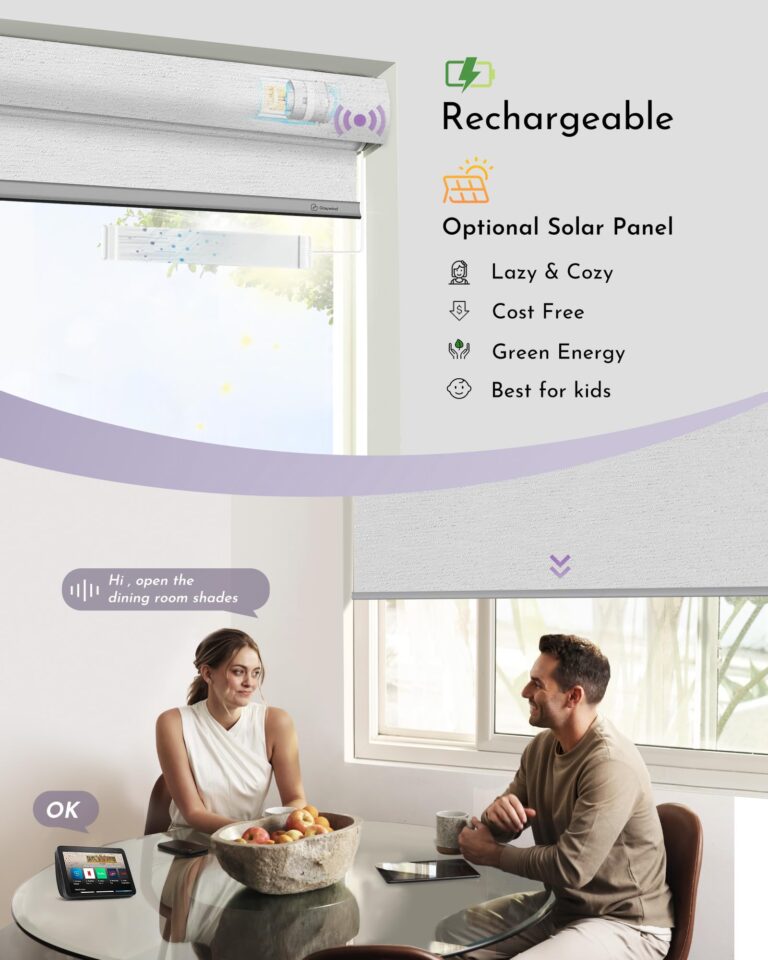 Graywind Smart Blackout Roller Shades Compatible with Alexa Google Textured Gleaming Fabric Rechargeable Motorized Blinds Cordless Remote Control Window Shades, Custom Size (Striped White) - Image 6