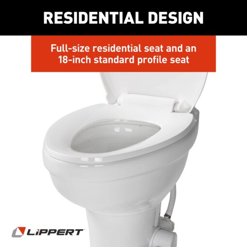 Lippert Flow Max RV Toilet with Elongated Ceramic Bowl, 18" Standard Profile, Full-Size Residential Seat, Easy-Close Lid, Efficient Flush - 2022113192 - Image 4