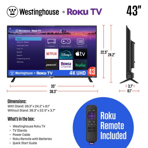 Westinghouse Roku TV - 43 Inch Smart Television, 4K UHD LED with Wi-Fi Connectivity and Mobile App, Flat Screen Compatible with Apple Home Kit, Alexa and Google Assistant - Image 5