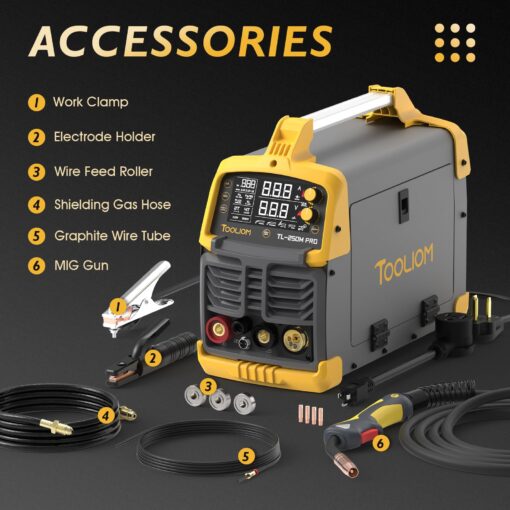 TOOLIOM Aluminum MIG Welder with Pulse 250A 110V/220V Dual Voltage 5 in 1 Multifunctional Welding Machine Gas/Gasless Flux MIG/Lift TIG/Stick/Spool Gun with LCD Digital Display - Image 2