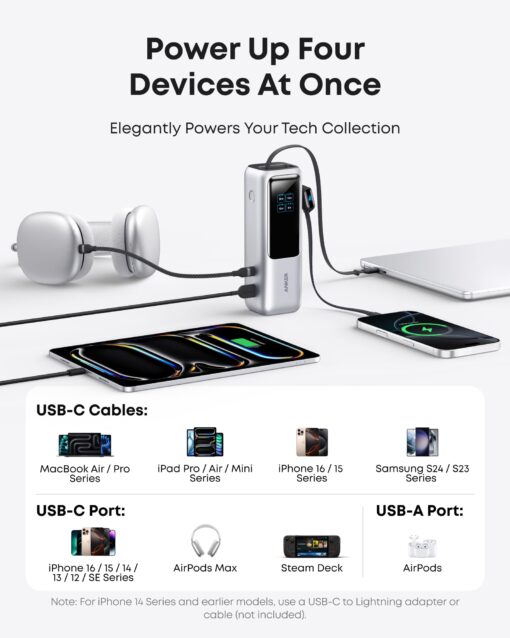 Anker Laptop Power Bank, 25,000mAh Portable Charger with Triple 100W USB-C Ports for Multi-Device Charging, Built-in and Retractable Cables, for iPhone 16/15 Series, MacBook, Samsung, and More - Image 3