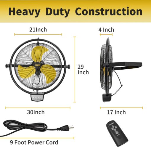 HiCFM 5000 CFM 20 inch Orbital Remote Control Wall Mounted Fan, 1/5HP Motor, Manual & Remote Operation, Timer, Oscillation & Tilting, 3 Speed, 9ft Power Cord Industrial and Commercial- UL Listed - Image 5