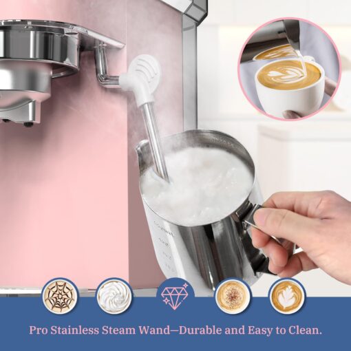 Laekerrt Professional Espresso Machine 20 Bar, Espresso Maker with Milk Frother Steam Wand, Stainless Steel Home Coffee Machines for Cappuccino and Latte, Gift for Women Wife Daughter or Mom, Pink - Image 5