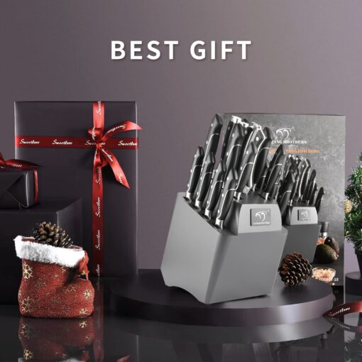 18 Pieces Damascus Kitchen Knife Set, 8 Piece Steak Knives, Non-slip ABS Ergonomic Triple Rivet Handle for Meat Fork, Knife Sharpener and Shears, 17 Slots Fraxinus Manchuria Knife Block (Grey) - Image 2