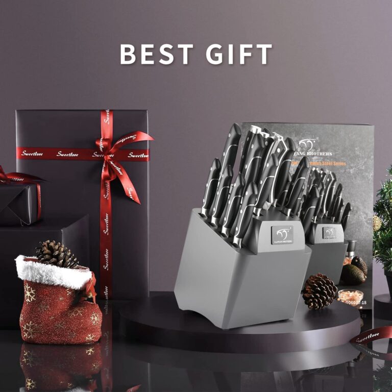 18 Pieces Damascus Kitchen Knife Set, 8 Piece Steak Knives, Non-slip ABS Ergonomic Triple Rivet Handle for Meat Fork, Knife Sharpener and Shears, 17 Slots Fraxinus Manchuria Knife Block (Grey) - Image 2