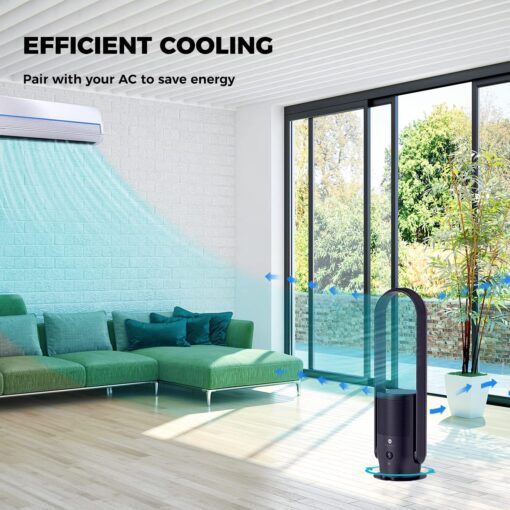 ULTTY Bladeless Tower Fan with HEPA Filter, 90° Oscillating Tower Fan, Remote Control, Touch, 8H Timer, 9 Speeds, Powerful Floor Fan for Bedroom Room Home Office, CR022, Black - Image 5
