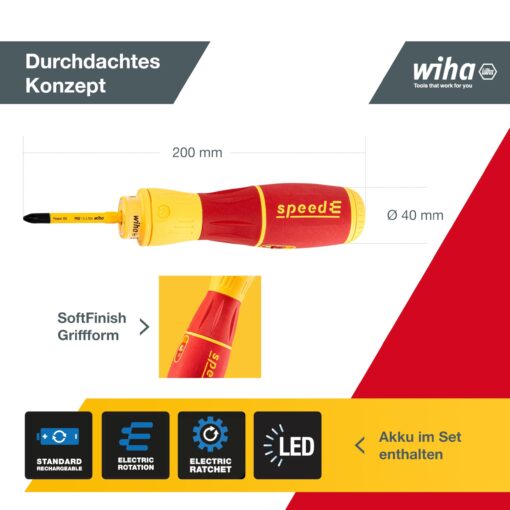 Wiha SpeedE® II Electric Screwdriver (44318) 7-Piece (SlimBits, Batteries, USB Charging Cable, L-Boxx Mini), Torque 0.4 nm + 1 nm LED Light - Image 4