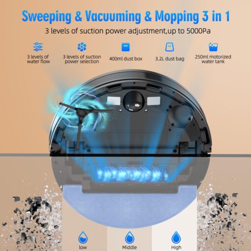 Giomre 3-in-1 Robot Vacuum and Mop Combo, Self Emptying Station for 60 Days, Robotic Vacuum Cleaner with LiDAR Navigation & Max Strong 5000Pa Suction, 2.4G WiFi/Alexa/App Control, Self-Charging Base - Image 7