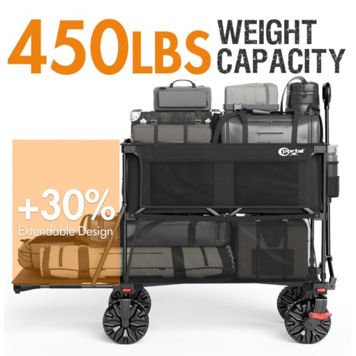 PORTAL 400L Large Capacity Collapsible Double Decker Wagon with Brakes, 450LB Heavy Duty Folding Cart with Tailgate, Foldable Utility Wagons for Camping, Beach, Garden, Sports, Shopping - Image 7