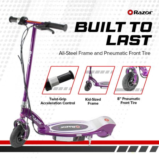 Razor E100 Kids Ride On 24 Volts Motorized Powered Electric Kick Scooter Speeds Up to 10 Miles Per Hour with Brakes and Pneumatic Tires, Purple - Image 8