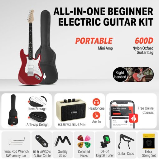 Donner 39-Inch Electric Guitar Starter Kit with Solid Body, HSS Pickup, Accessories, Amplifier, Lessons, and Digital Tuner - Red - Image 6