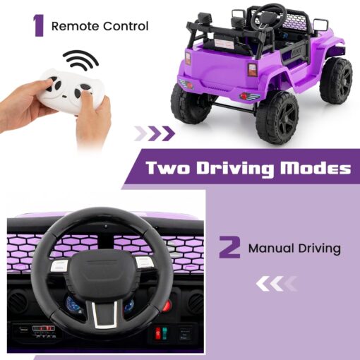 OLAKIDS Kids Ride On Truck, 12V Electric Vehicle Jeep Car with Remote Control, Toddlers Battery Powered Toy with 2 Speeds, Spring Suspension, Double Open Doors, LED Light, Music, TF, USB, Mp3 (Purple) - Image 6