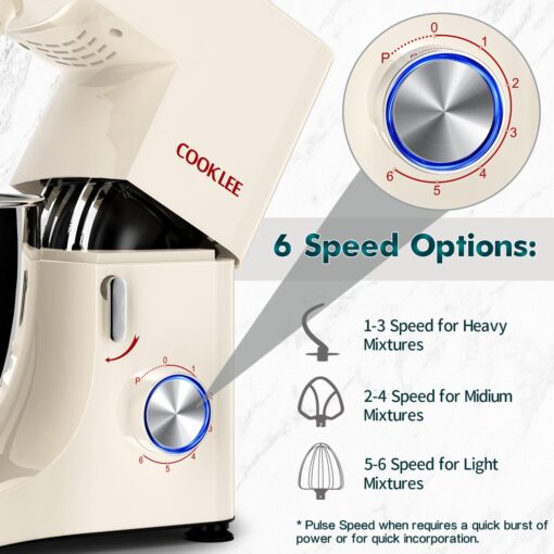 COOKLEE Stand Mixer, 9.5 Qt. 660W Electric Kitchen Mixer with Dishwasher-Safe Dough Hooks, Flat Beaters, Wire Whip & Pouring Shield Attachments for Most Home Cooks, White - Image 5