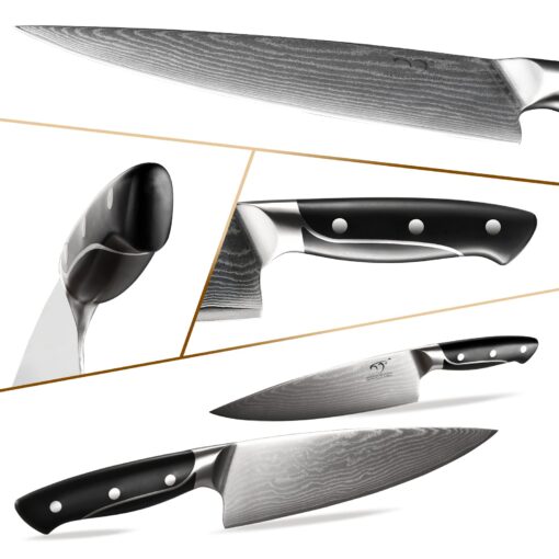 18 Pieces Damascus Kitchen Knife Set, 8 Piece Steak Knives, Non-slip ABS Ergonomic Triple Rivet Handle for Meat Fork, Knife Sharpener and Shears, 17 Slots Fraxinus Manchuria Knife Block (Grey) - Image 8