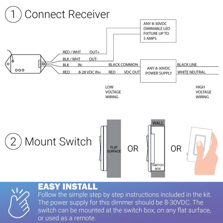 RunLessWire Low Voltage 8-30VDC Dimming Self Powered (NO Batteries) Wireless Light Switch - No Wiring, Battery, or WiFi Needed - 3-Way Low Volt Dimmer Kit: 1 Receiver, 2 Switches - Black - Image 4
