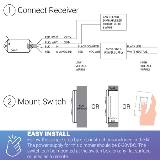 RunLessWire Low Voltage 8-30VDC Dimming Self Powered (NO Batteries) Wireless Light Switch - No Wiring, Battery, or WiFi Needed - Basic Low Volt Dimmer Kit: 1 Receiver, 1 Switch – White - Image 4