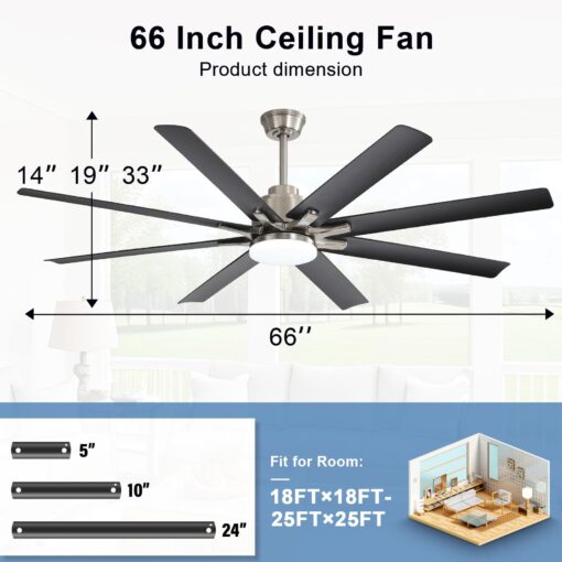 Sofucor 66 Inch Smart Ceiling Fan with Lights and Remote, APP Control, Compatible with Alexa/Google, Indoor Outdoor Low Profile Black Ceiling Fan with 3 Downrod for Living Room Farmhouse Patio - Image 2