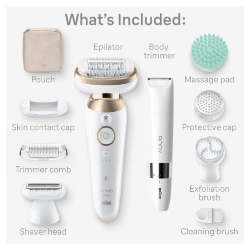 Braun Epilator Silk-épil 9 Flex SkinSpa, Hair Removal Device, 360 Flex and Pivoting Head, Wet and Dry, Includes Shaver Head, Trimmer Comb, Massage Pad, Exfoliation Brush and BodyTrimmer, SES9-481 3D - Image 7
