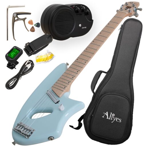 Aliyes Ultra Light Electric Guitar for Adult,Full 24 3/4" Scale for Travel and Practice,Portable Small Size Guitar Featherlight,Solid Wood,All Accessories (Ice Blue)