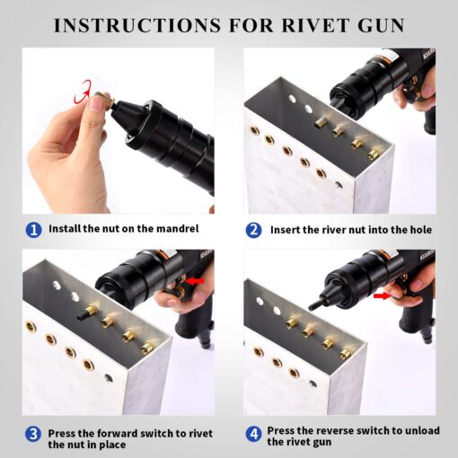 KIARUO Pneumatic Rivet Nut Gun 8-32,10-24,1/4-20 with Replacement Mandrels, RPM 1500 Industrial Grade Pull Rivnut Gun MODEI:LM08 Button Switch - Image 2