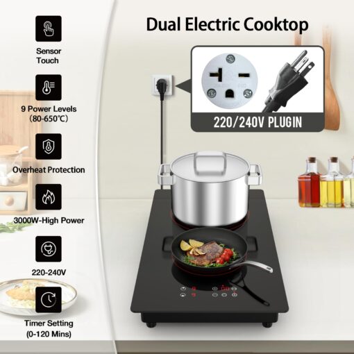VBGK Electric Cooktop,3000W 12 inch Electric Stove Top,Built-in and Countertop 2 Burner Electric Cooktop 220V with Plug,9 Power Levels, Kids Lock & Timer,LED Touch Control,Overheat Protection Stovetop - Image 8
