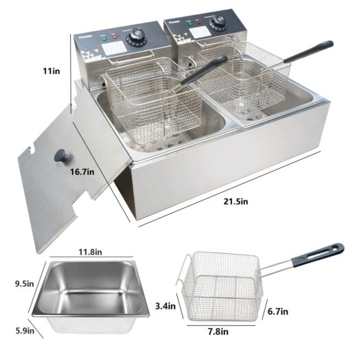 Electric Deep Fryer 17.2L/18.2QT Stainless Steel Dual Tank Commercial Fryer with Basket, 3400W 110V Countertop Deep Fryer for Home Kitchen and Restaurant Use with Oil Thermometer & Temperature Control - Image 3
