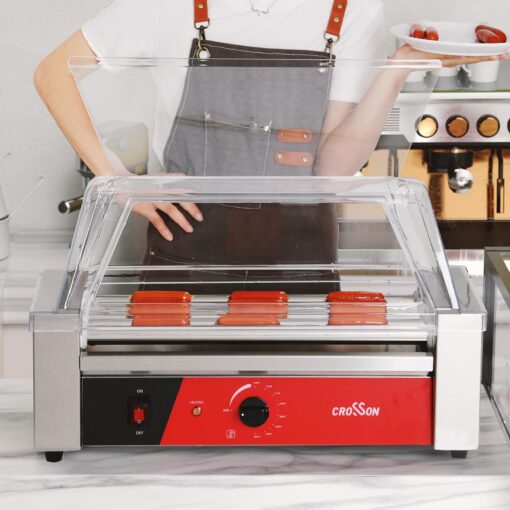 CROSSON 12 Hot Dog 5 Roller Grill Machine with Transparent Sneeze Guard,5 Nonstick 304SS Rollers Commercial Hot Dog Cooker Machine-120V, 750W - Image 3