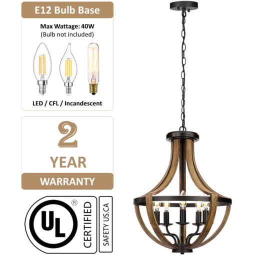 17.7" Modern Farmhouse Geometric Chandelier Light Fixture, 5-Light Adjustable Height Rustic Hanging Pendant Lighting for Dining Room Foyer Kitchen Island, ‎Retro Wood Texture and Black Finish - Image 2
