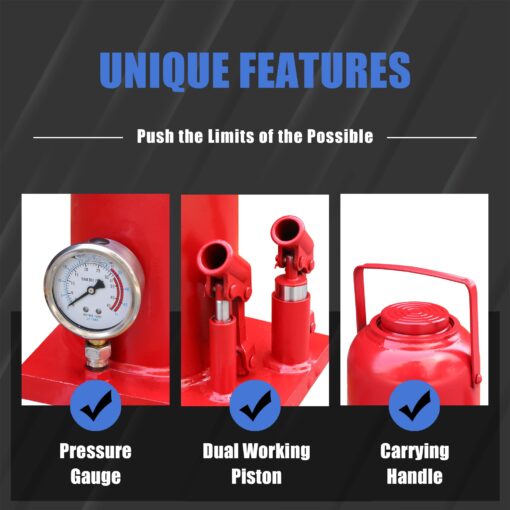 TCE 32 Ton (64,000 LBs) Torin Heavy Duty Professional Double Piston Car Bottle Jack with Gauge for Construction Stabilization, Red, ATH932001BU - Image 5