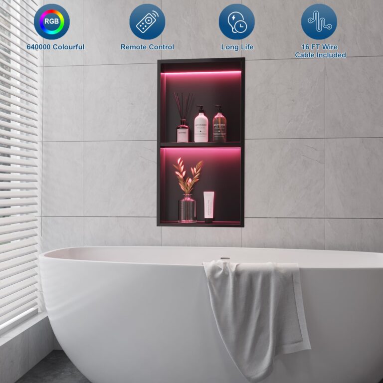 Neohomee 2-Tiers 12x24 Wall Niche with RGB LED Light Strips, Matte Black Shower Niche Cabinet, Stainless Steel Bathroom Shelf, NO Tile Needed Recessed Niche Storage Organizer - Image 2