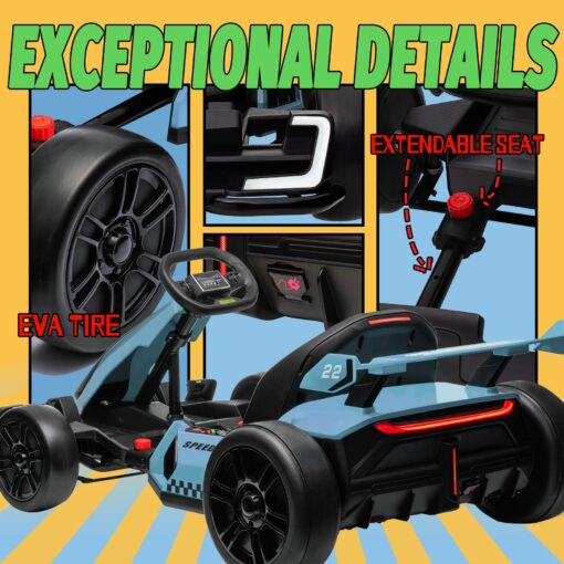 Kerry Yoo Go Kart Electric Drift Kart Car with Adjustable Seat, 24V Outdoor Ride on Toy with 4 Speed Mode, Crazy Cart for Kids 6-12 Years Old，Fast 300W Motor，8.5 MPH, LED Lights, Bluetooth - Blue - Image 4
