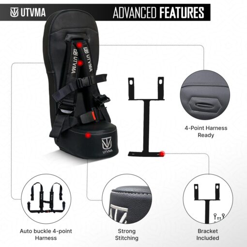 UTVMA RZR 1000 and 900 (2014-2023) Bump Seat with 4-Point Harness | Kids Seat | Jump Seat | All Models (XP, Turbo, Turbo S, High Lifter, Sport, Premium, Ultimate) (Black) - Image 3