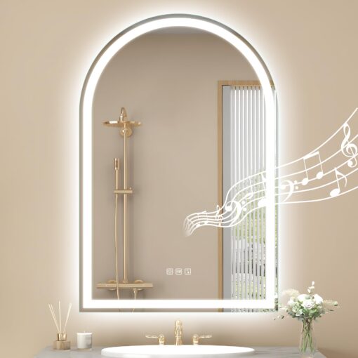 STARLEAD 36"x24" LED-Bathroom-Mirror-with-Lights, Wall-Mounted with Bluetooth Speaker, Anti-Fog, 3 Color Temperature, Dimmable Brightness, Waterproof, Tempered Glass, Frontlit & Backlit, Arched