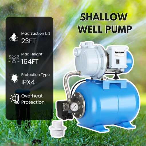 FOTING 1.5HP Shallow Well Pump with Pressure Tank, 1340GPH Irrigation Jet Pump, 115V Automatic Water Pumps Booster System 164FT for Garden Lawn Farm Home - Image 4