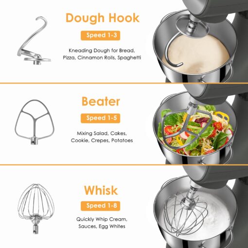 ZACME Mixers Kitchen Electric Stand Mixer 5.5QT 600W, Aluminum die casting and Gears, Dual Cooling System, Low Noise, DC Motor, LED Display and Timing Function, Tilt-head Metal Food Mixer, Grey - Image 5