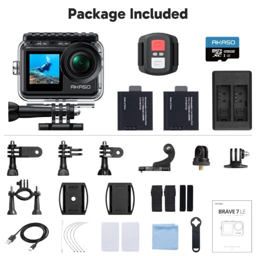 AKASO Brave 7 LE 4K30fps Action Camera with 128GB MicroSDXC U3 Memory Card Accessories Kit Bundle Ultra HD 131FT Waterproof Camera EIS 2.0 WiFi Remote Control Zoom Underwater Camera - Image 2