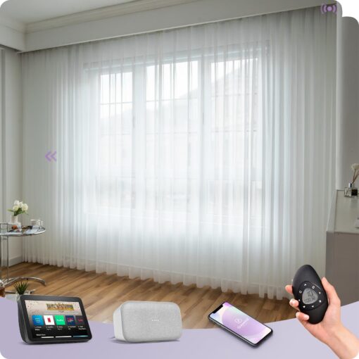 Graywind Hardwired Smart Curtains Motorized Sheer Curtains with Remote Alexa Google Control for Sliding Sheer Drapes One-Way or Split Draw Joinable Curtain Custom Width to 220" (Sheer Textured White)