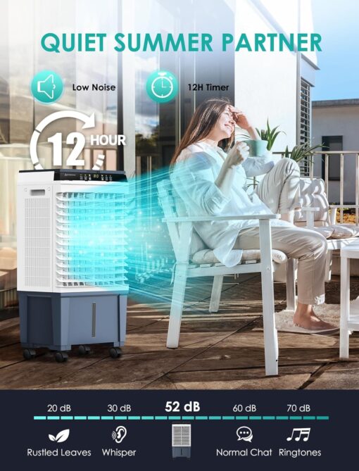 Air Choice Swamp Cooler, 1800 CFM Evaporative Air Cooler with 5.3 Gal Water Tank, 110° Swing, 3 Speeds, 4 Ice Box, Remote, 12H Timer, Portable Air Cooling Fan for Outdoor & Indoor, Gray - Image 6
