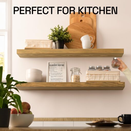 BAOBAB WORKSHOP Wood Floating Shelves for Bathroom - Long Floating Shelves for Wall for Bedroom Kitchen Living Room - Oak Shelves for Wall - 36 x 6.7 Inch, Set of 2 - Image 2
