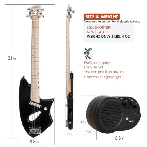 Aliyes Ultra Light Electric Guitar for Adult,Full 24 3/4" Scale for Travel and Practice,Portable Small Size Guitar Featherlight,Solid Wood Body Gig Bag, All Accessories (Black) - Image 2