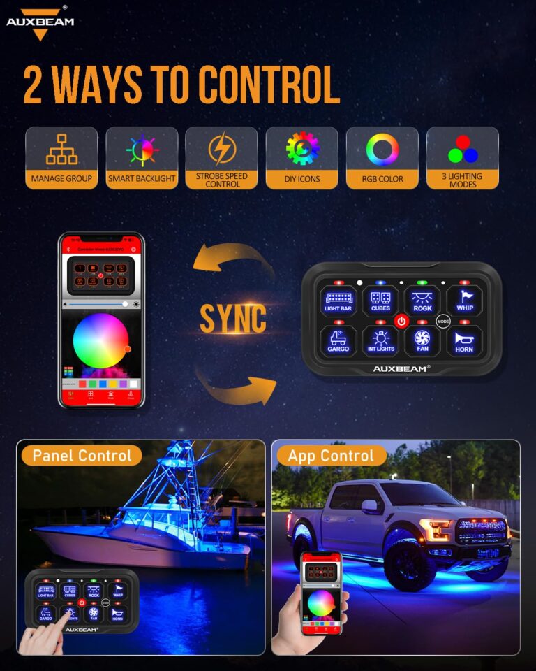 Auxbeam 8 Gang Switch Panel Bluetooth AR-800 RGB Switch Pod with Backlit Off Toggle Momentary Pulsed Auxiliary Switch Panel for Truck SUV ATV Marine RV Multifunction 12-24V Waterproof 2 Years Warranty - Image 9