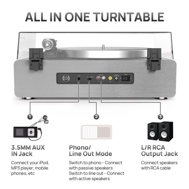 Turntable Record Player with Built-in Speakers, Vinyl Record Player Support Bluetooth Playback Auto Stop 33&45 RPM Speed RCA Line Out AUX in All-in-one Belt-Drive Turntable for Vinyl Records Grey - Image 5