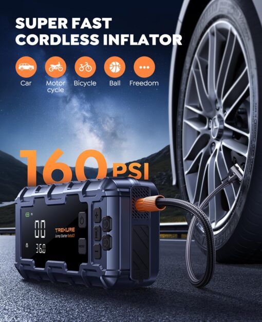 TREKURE 10-in-1 Car Battery Jump Starter with Air Compressor 6000A 160PSI 45W Charger, Jump Starter Jump Box (All Gas 12L Diesel), Car Battery Jumper Starter Portable Jumper Cables, Gloves, Lights - Image 5