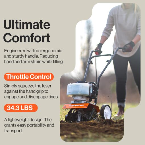 SuperHandy 52cc 2 Stroke Gas Mini Tiller Cultivator - 1.8HP, 4 Adjustable Steel Tines, Forward Rotation, 10" Tilling Width - Ideal for Garden, Lawn, Soil Cultivation, Weed & Digging - Image 2