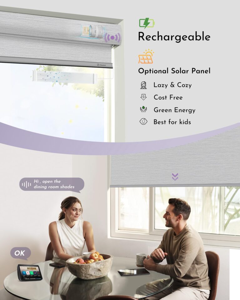 Graywind Smart Blackout Roller Shades Compatible with Alexa Google Textured Gleaming Fabric Rechargeable Motorized Blinds Cordless Remote Control Window Shades, Custom Size (Striped Light Grey) - Image 6