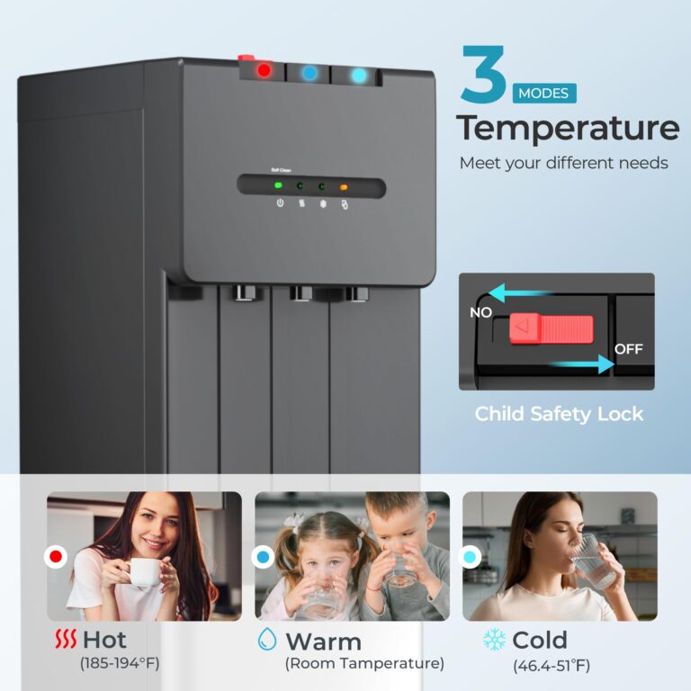 Euhomy Self-Cleaning Bottom Loading Water Dispenser, 3 Temperatures - Cold/Hot/Warm, with Child Lock, Display Light, Suitable for Apartments, Schools, Companies, Black - Image 7