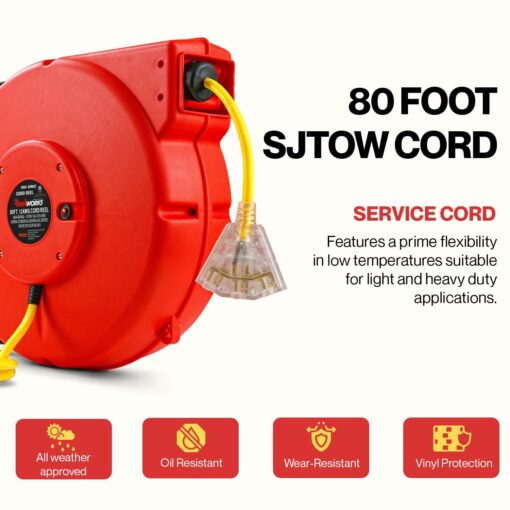 ReelWorks Extension Cord Reel Retractable Longest Industrial 12awg x 80' Foot Commercial Premium Grade Ultra Flexible 3C/SJTOW Glow Strip Cable and Led Light Up Triple Tap Connector Use Indoor/Outdoor - Image 7