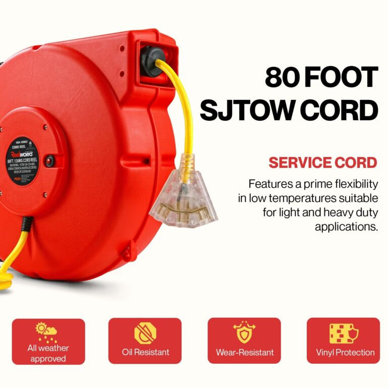 ReelWorks Extension Cord Reel Retractable Longest Industrial 12awg x 80' Foot Commercial Premium Grade Ultra Flexible 3C/SJTOW Glow Strip Cable and Led Light Up Triple Tap Connector Use Indoor/Outdoor - Image 7