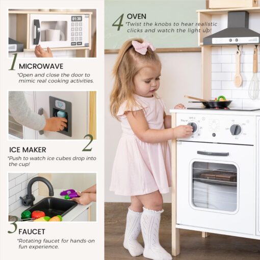 Tiny Land Play Kitchen for Kids, Wooden Kids Play Kitchen Playset Chef Pretend Play Set for Toddlers with Real Lights & Sounds, Toys Kitchen with 18 Pcs Toy Food & Cookware Accessories - Image 7
